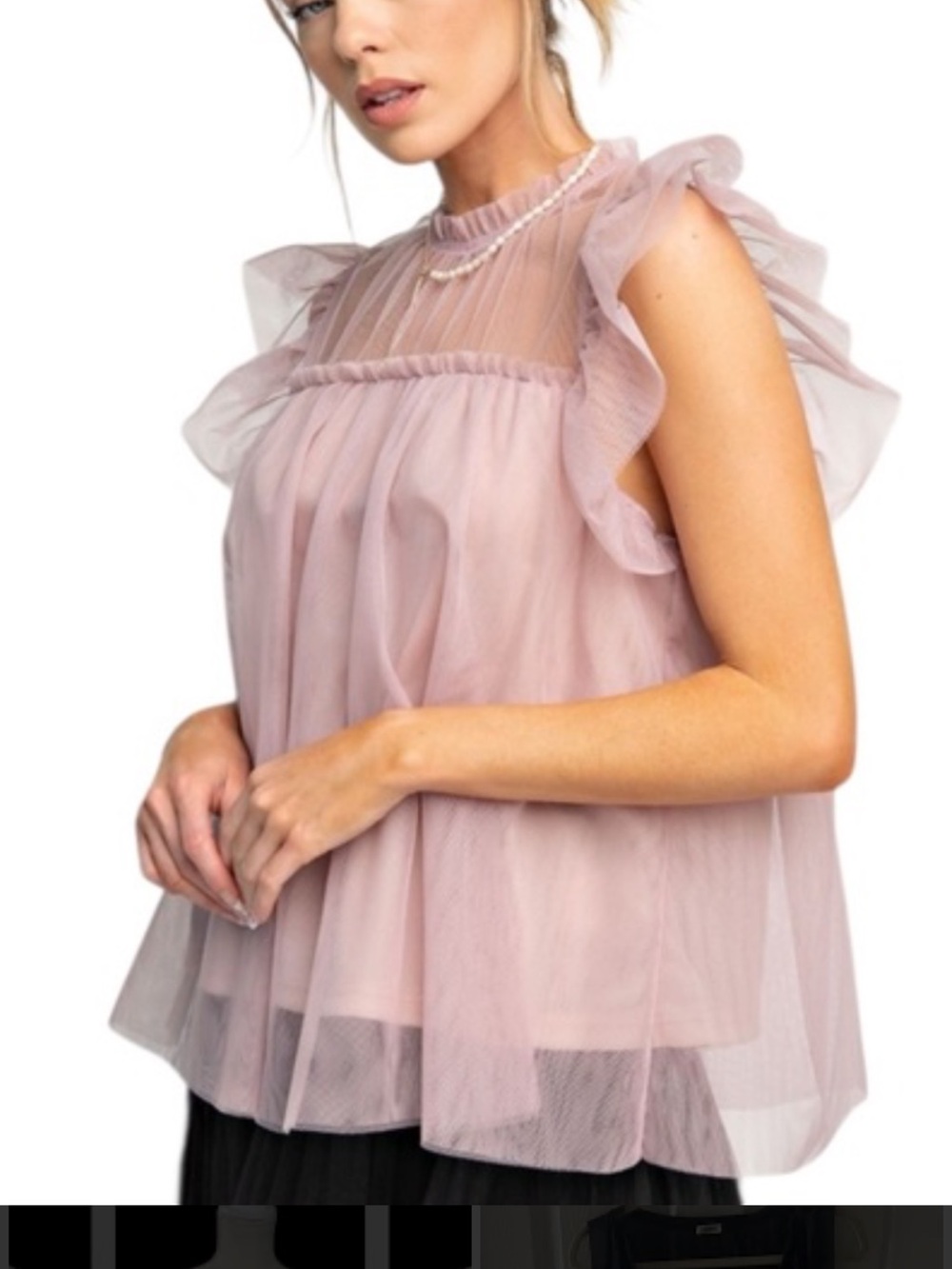 Easel *NEW* Tulle Flutter-Sleeve Blouse w/Ruffled Mock Neck in Mauve. Size L